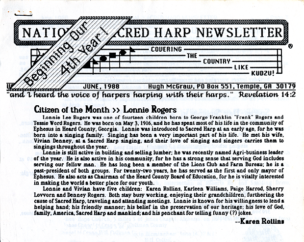 Citizen of the Month: Lonnie Rogers—from Vol. 4, No. 1 of the National Sacred Harp Newsletter.