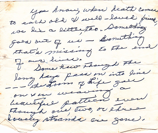 Handwritten note by Ruth Denson Edwards found tucked into her bible, containing the text of a memorial lesson she gave. Image courtesy of Mike Hinton. Handwritten note by Ruth Denson Edwards found tucked into her bible, containing the text of a memorial lesson she gave. Image courtesy of Mike Hinton.