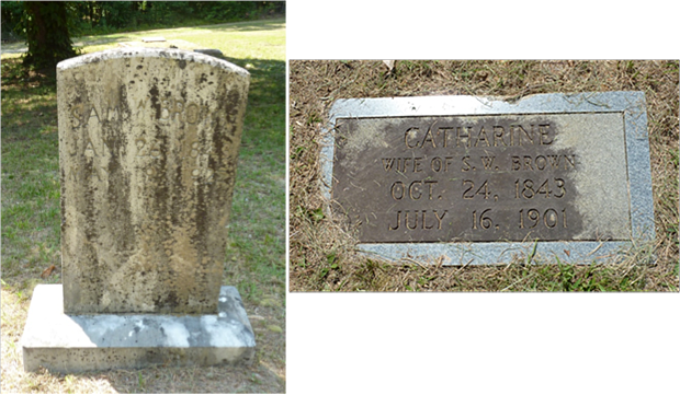 Memorials for Sam W. Brown (left) and Catherine, his wife (above). Although Sam fought in the Civil War there was no Confederate Stone for him. His inscription reads: SAM W. BROWN / JAN 26 1843 / MAY 9 1925. Memorials for Sam W. Brown (left) and Catherine, his wife (above). Although Sam fought in the Civil War there was no Confederate Stone for him. His inscription reads: SAM W. BROWN / JAN 26 1843 / MAY 9 1925.