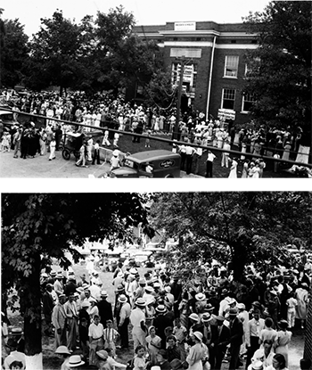 Crowds gathered for the 1935 "Big Singing" at the Marshall County courthouse in Benton, Kentucky. Photographs from the collection of George Pullen Jackson.